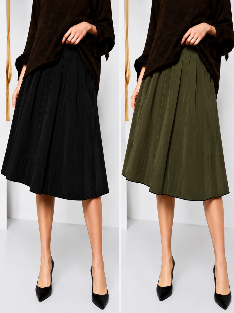 Zara Reversible Pleated Midi Skirt Black Olive Size S